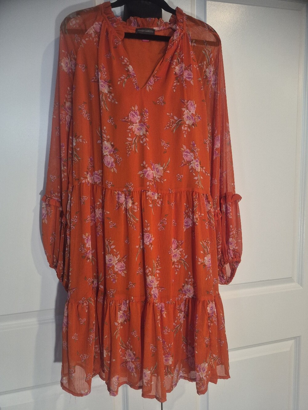 Bright Orange Floral Tiered Dress Vince camuto sixe L polyester amd linning